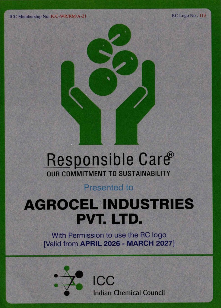 Indian Chemical Council Responsible Care certificate for Agrocel Industries Pvt. Ltd.