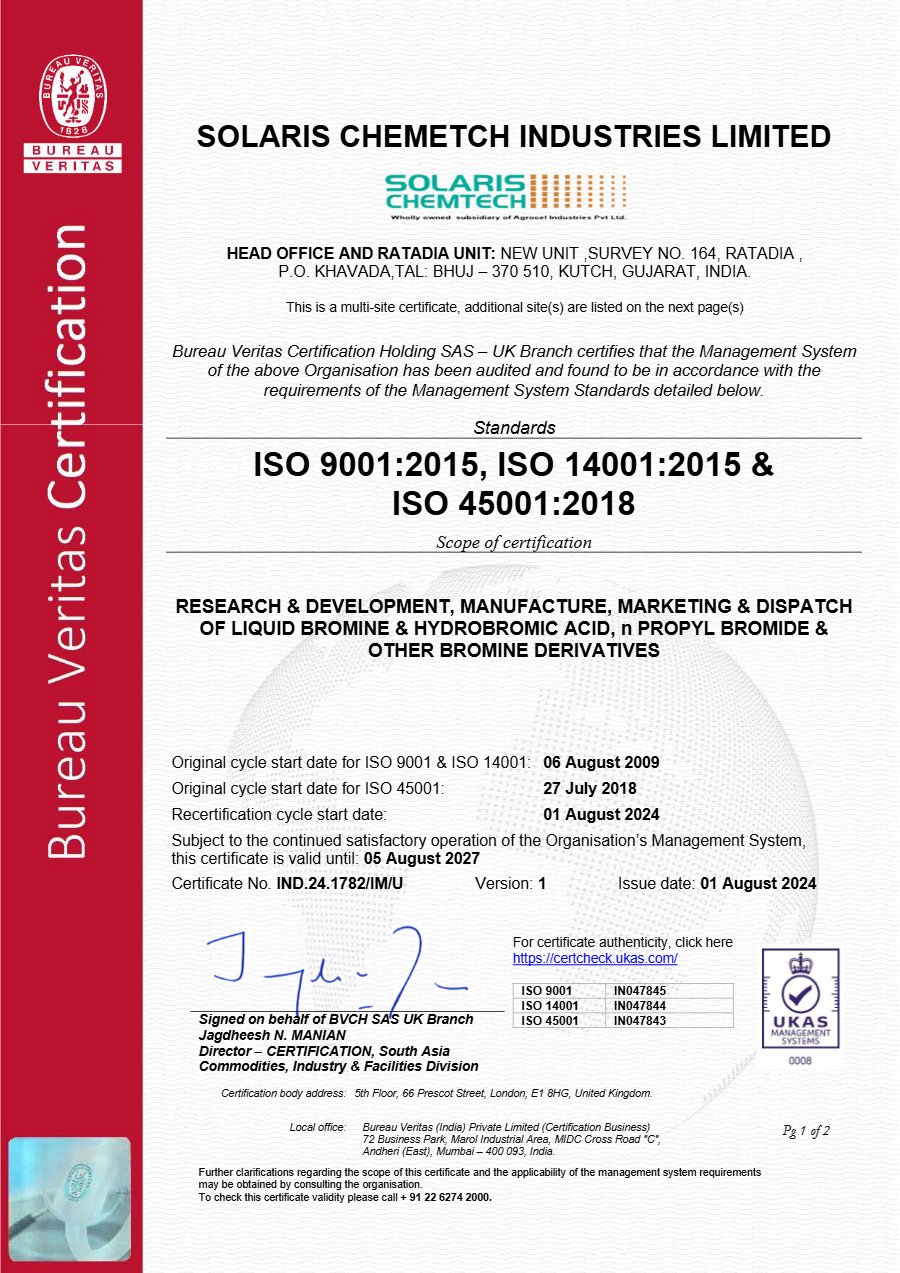 Bureau Veritas ISO 9001, ISO 14001 and ISO 45001 certificate for Solaris Chemtech Industries Limited